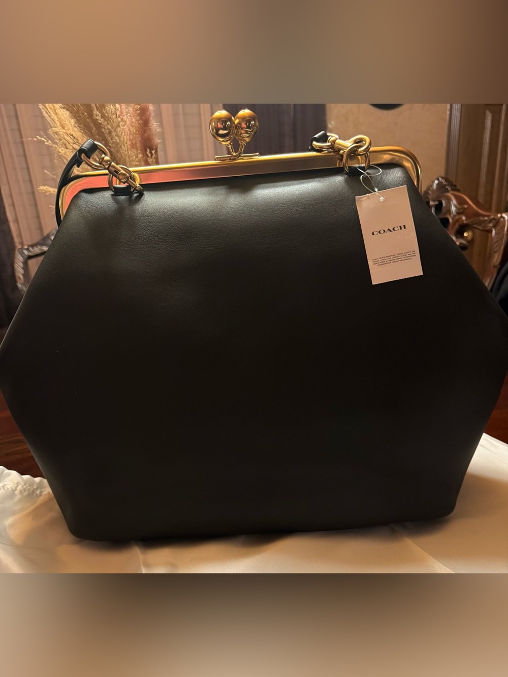 Coach Black Leather Kiss-Lock 30 Satchel with Gold Frame NWT
